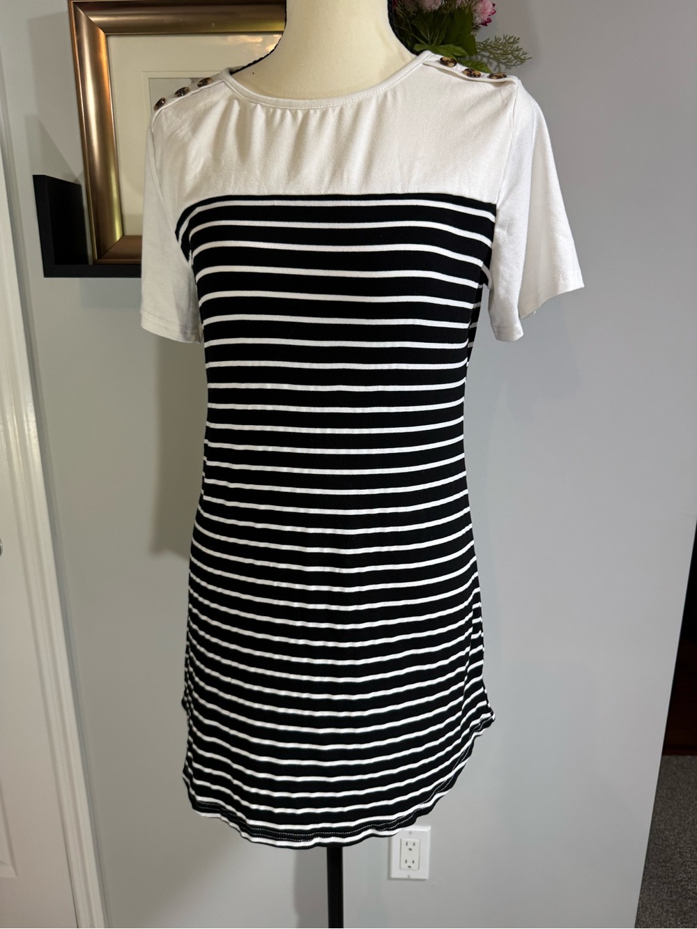 Black and White Striped Button Shoulder Tee Dress